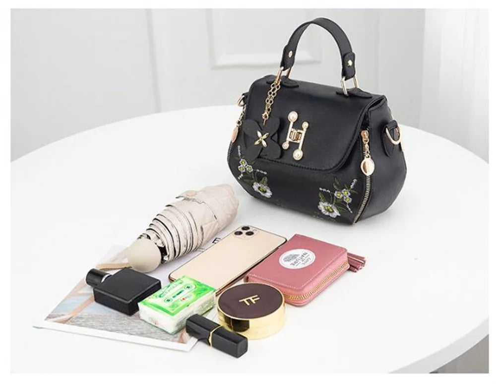Women's Embroidery Messenger Bag Leather Crossbody Handbag