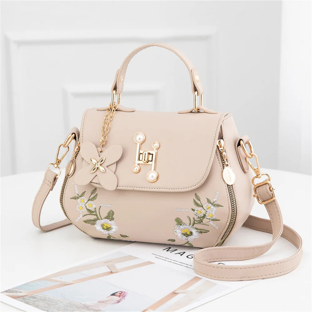 Women's Embroidery Messenger Bag Leather Crossbody Handbag