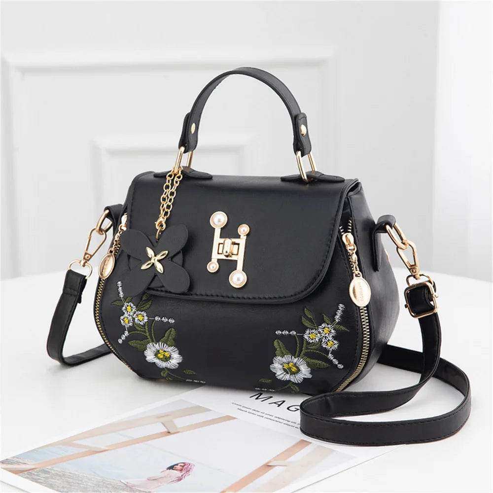 Women's Embroidery Messenger Bag Leather Crossbody Handbag
