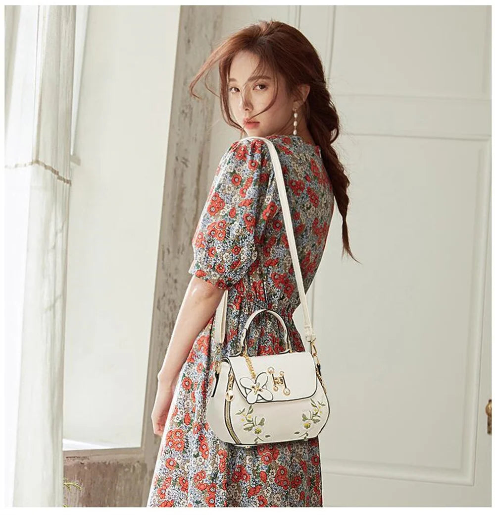 Women's Embroidery Messenger Bag Leather Crossbody Handbag