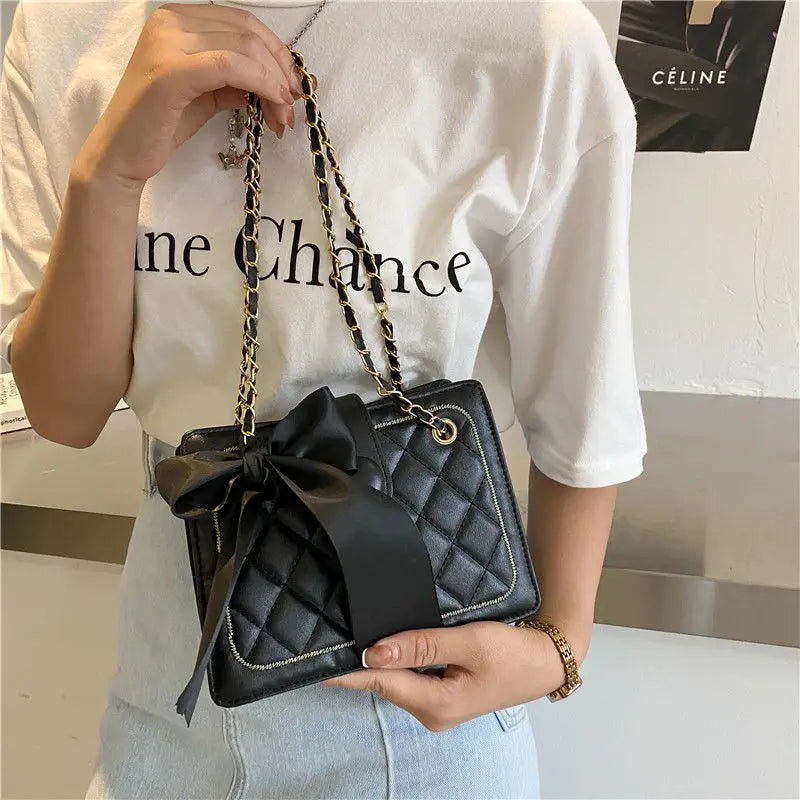 Women's Bow Silk Scarf Underarm Bag Diamond Chain Shoulder Messenger Bag