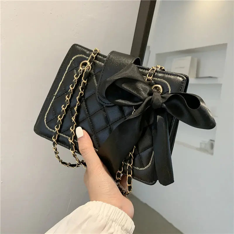 Women's Bow Silk Scarf Underarm Bag Diamond Chain Shoulder Messenger Bag