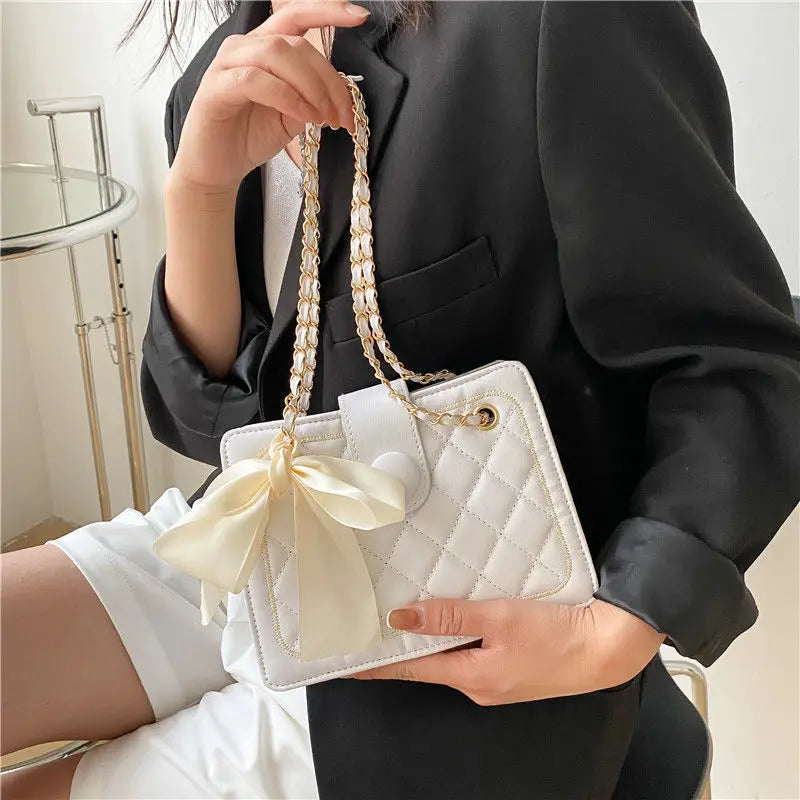 Women's Bow Silk Scarf Underarm Bag Diamond Chain Shoulder Messenger Bag
