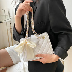 Women's Bow Silk Scarf Underarm Bag Diamond Chain Shoulder Messenger Bag