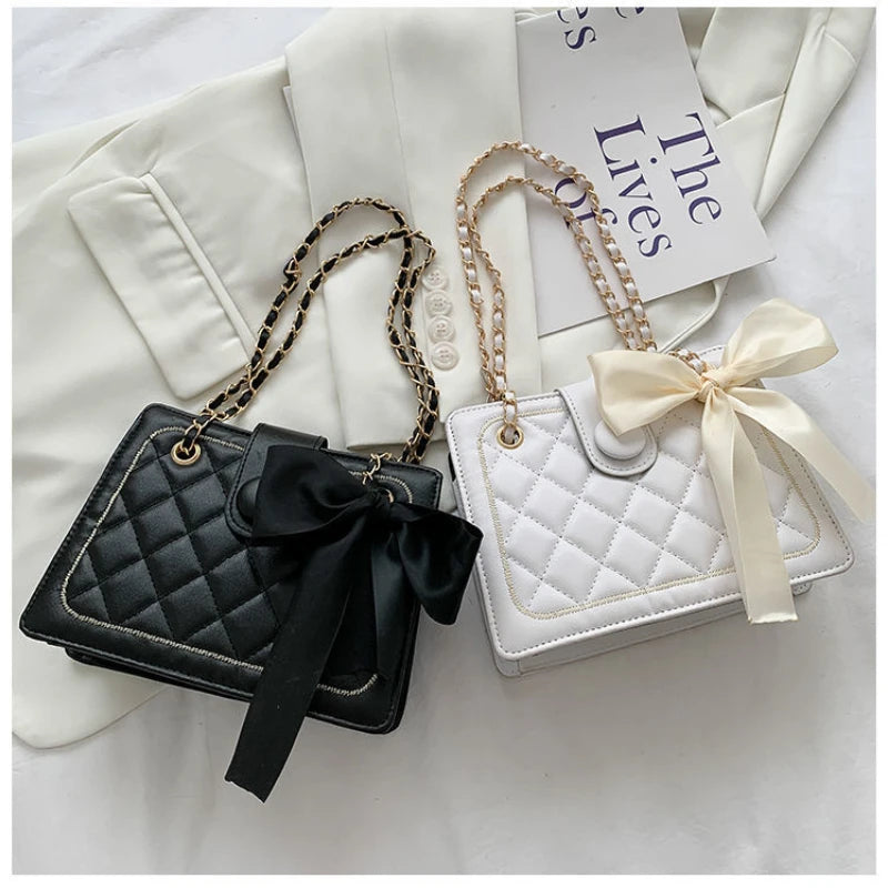 Women's Bow Silk Scarf Underarm Bag Diamond Chain Shoulder Messenger Bag