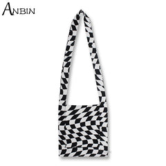 Vintage Crochet Crossbody Bag Checkered Lightweight Hobo Shoulder Purse