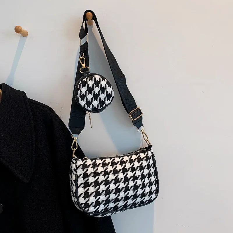 Women's Vintage Plaid Shoulder Bags with Mini Round Purse Pendant 2pcs