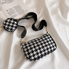 Women's Vintage Plaid Shoulder Bags with Mini Round Purse Pendant 2pcs