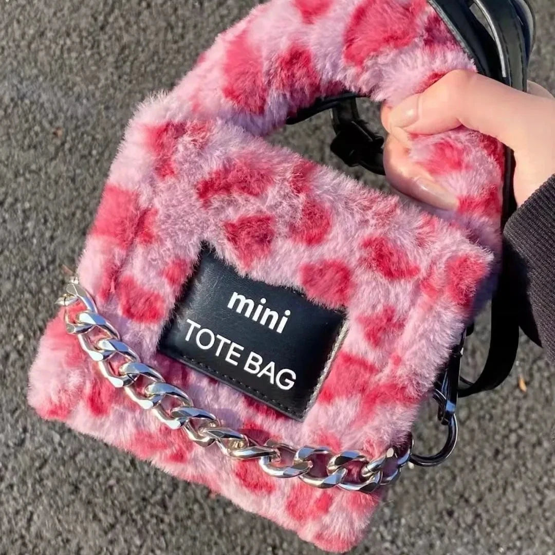 Women's Winter Satchels Handbags Faux Fur Leopard Shoulder Totes