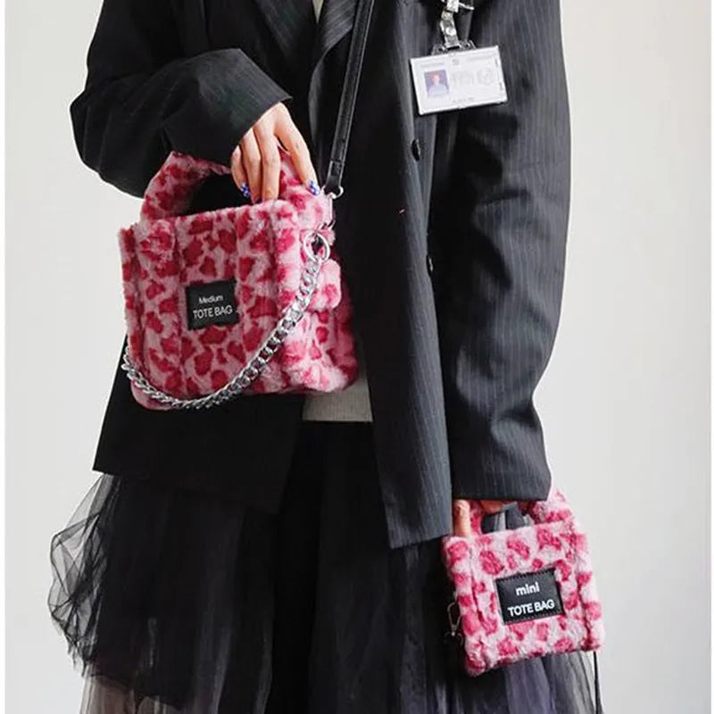 Women's Winter Satchels Handbags Faux Fur Leopard Shoulder Totes
