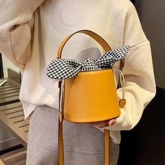 Women's PU Leather Shoulder Bag Soft Checkered Bucket Female Bag