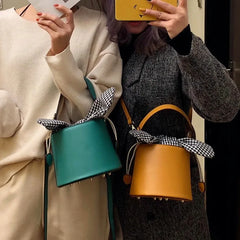 Women's PU Leather Shoulder Bag Soft Checkered Bucket Female Bag