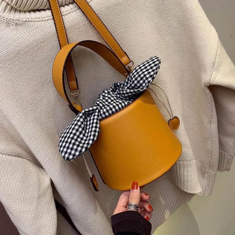 Women's PU Leather Shoulder Bag Soft Checkered Bucket Female Bag