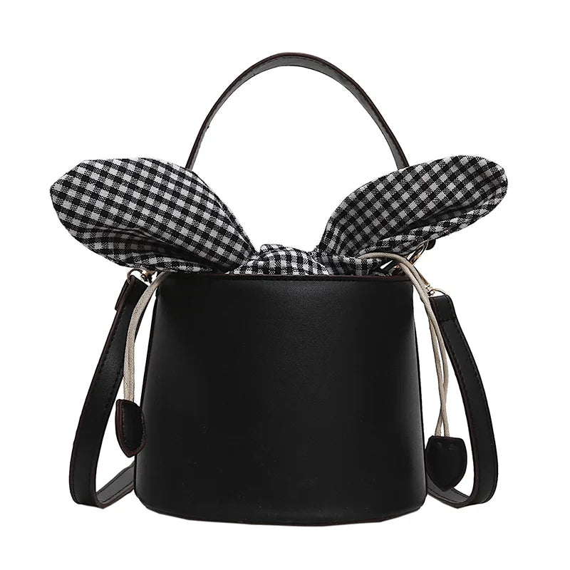 Women's PU Leather Shoulder Bag Soft Checkered Bucket Female Bag