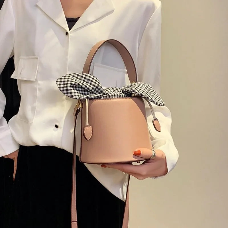Women's PU Leather Shoulder Bag Soft Checkered Bucket Female Bag