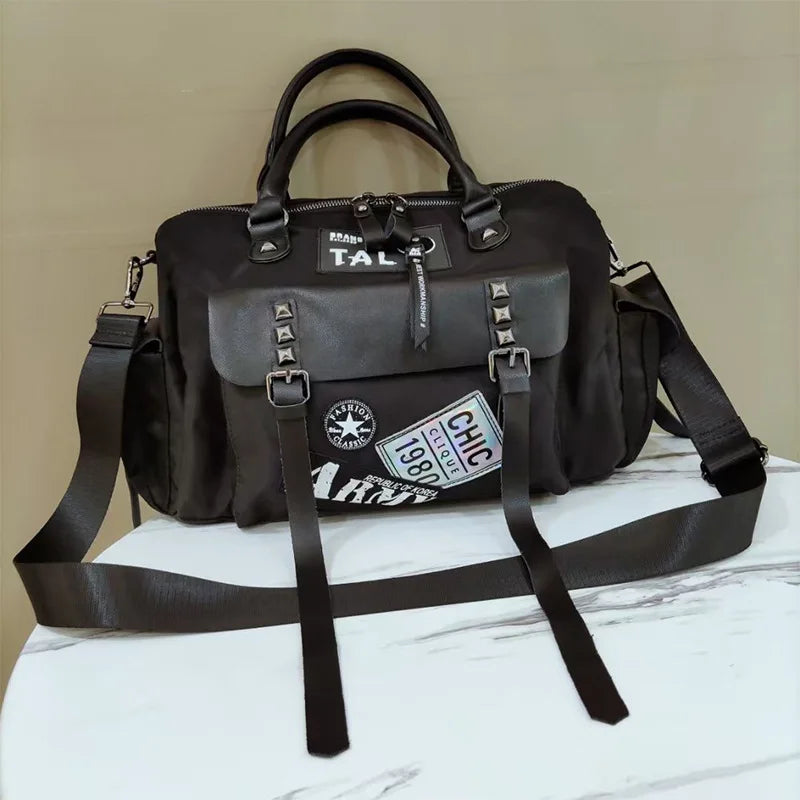 Nylon and Leather Women's Shoulder Bag with Rivet Design