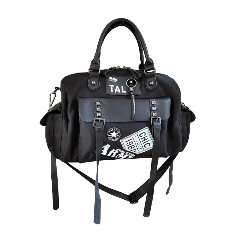 Nylon and Leather Women's Shoulder Bag with Rivet Design