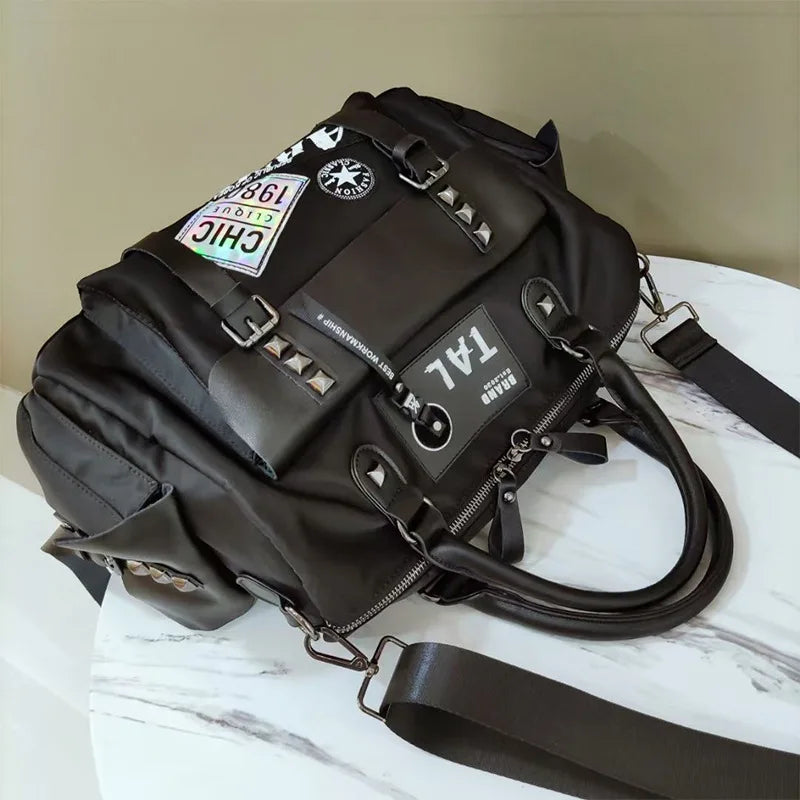 Nylon and Leather Women's Shoulder Bag with Rivet Design