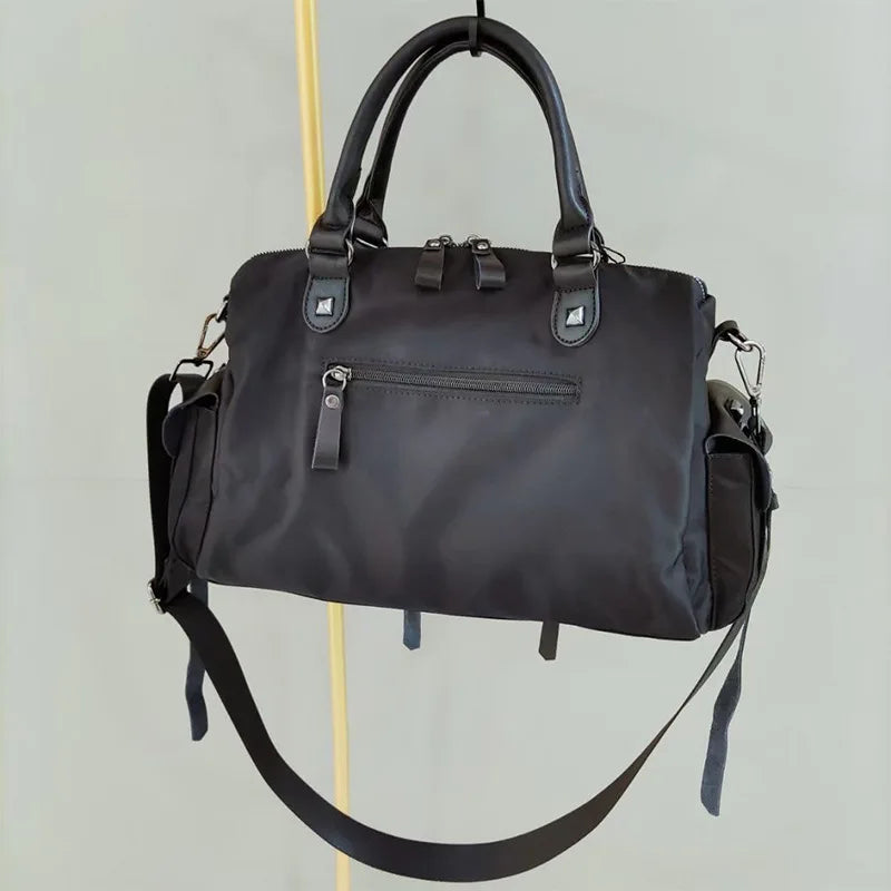 Nylon and Leather Women's Shoulder Bag with Rivet Design
