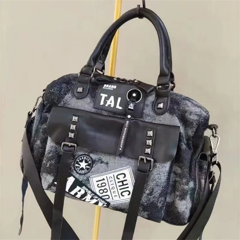 Nylon and Leather Women's Shoulder Bag with Rivet Design