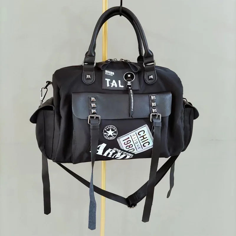 Nylon and Leather Women's Shoulder Bag with Rivet Design