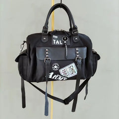 Nylon and Leather Women's Shoulder Bag with Rivet Design