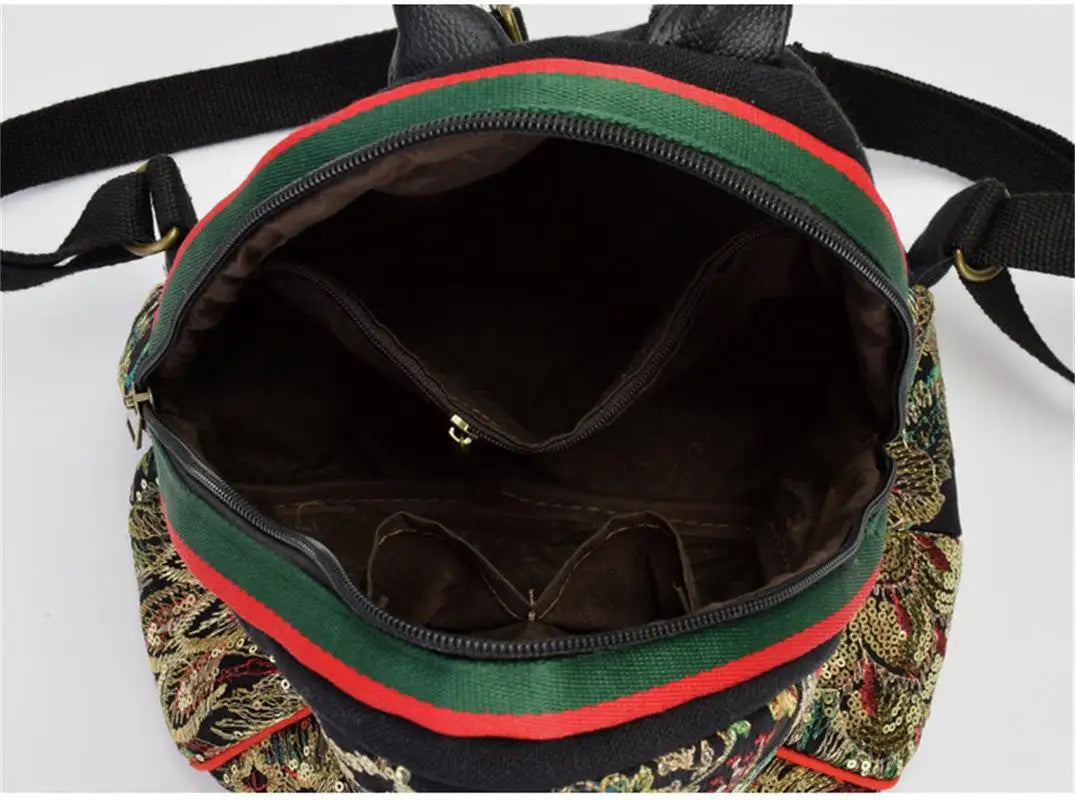 Retro National Peacock Embroidery Canvas Backpack Girls Mini Bag