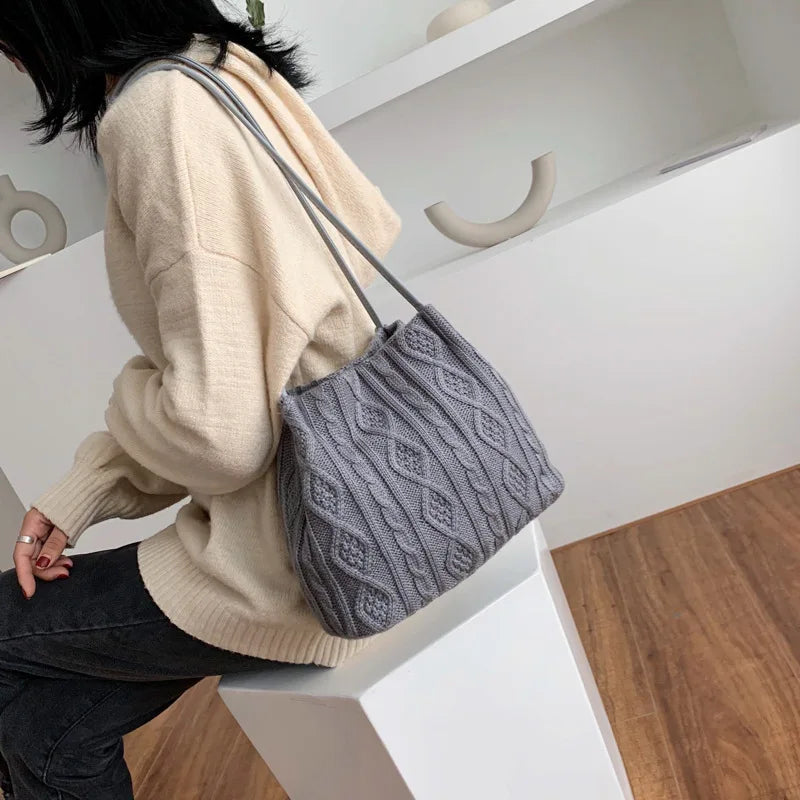 Striped Knitted Shoulder Bag Women's Handbag Bucket Tote Bags