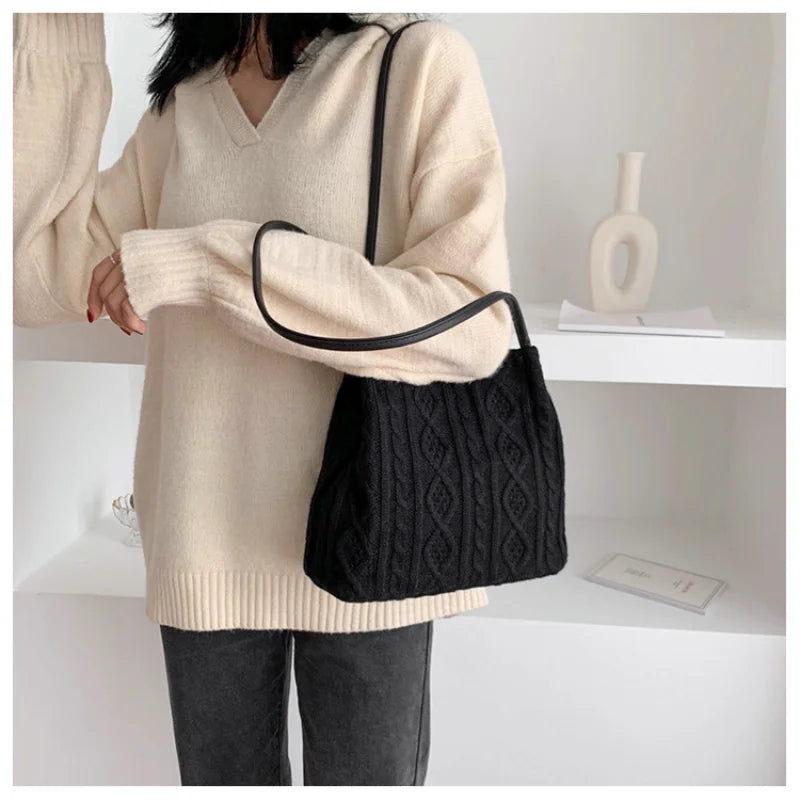 Striped Knitted Shoulder Bag Women's Handbag Bucket Tote Bags