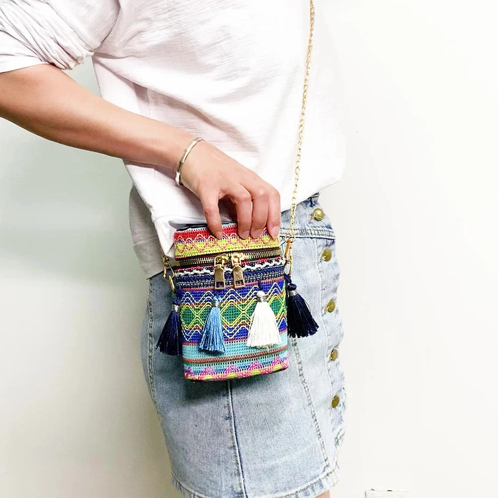 Ethnic Style Woven Bucket Shoulder Bag with Tassel Chain