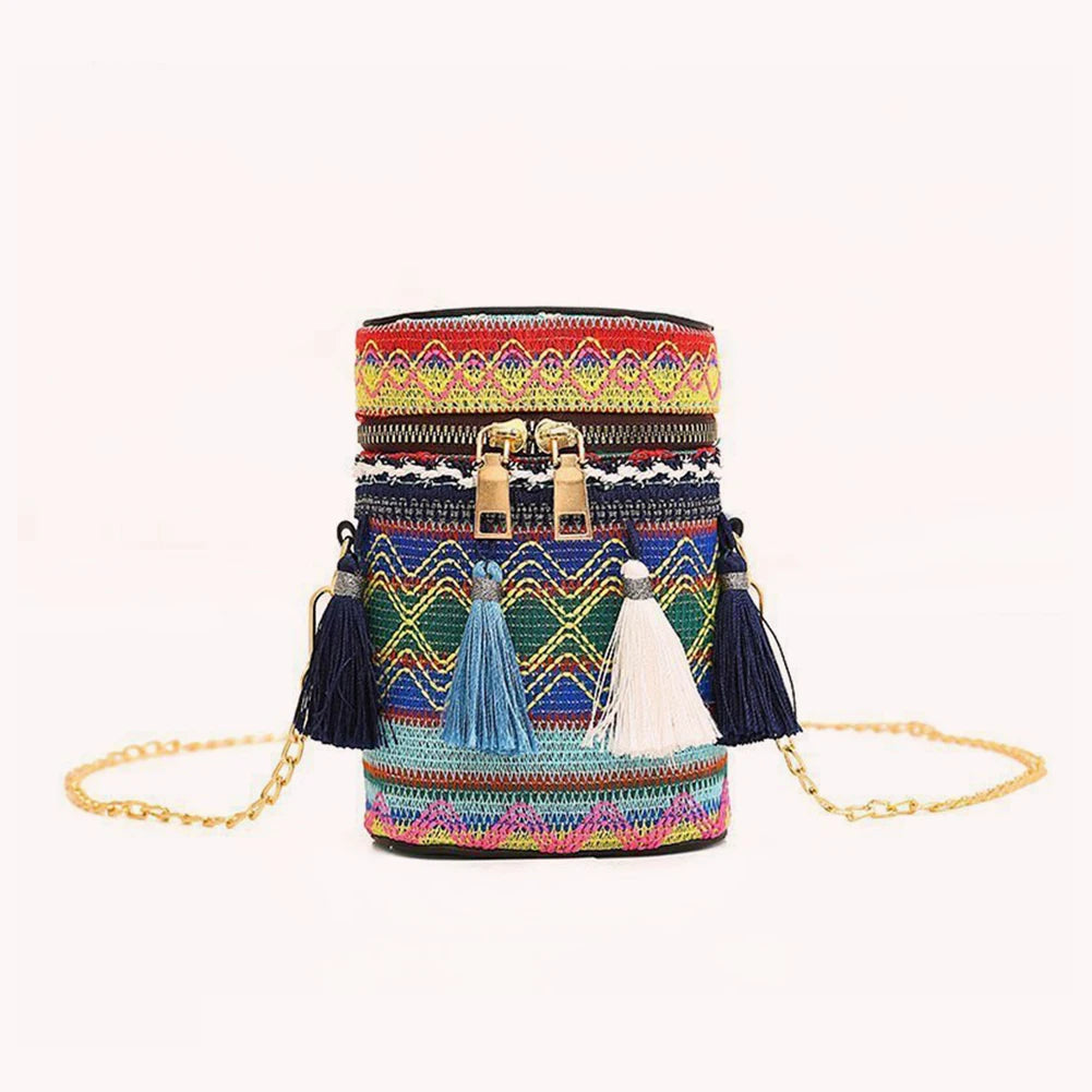 Ethnic Style Woven Bucket Shoulder Bag with Tassel Chain