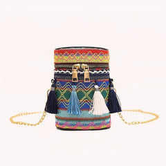 Ethnic Style Woven Bucket Shoulder Bag with Tassel Chain
