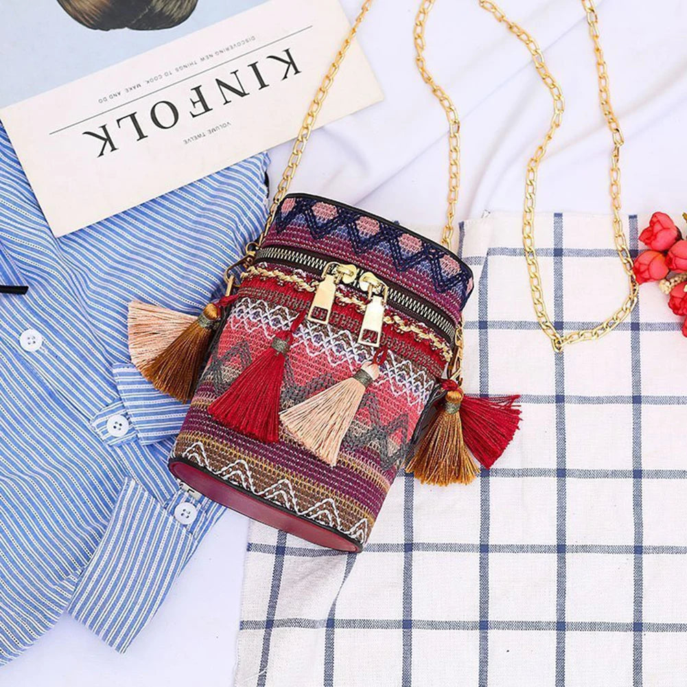 Ethnic Style Woven Bucket Shoulder Bag with Tassel Chain