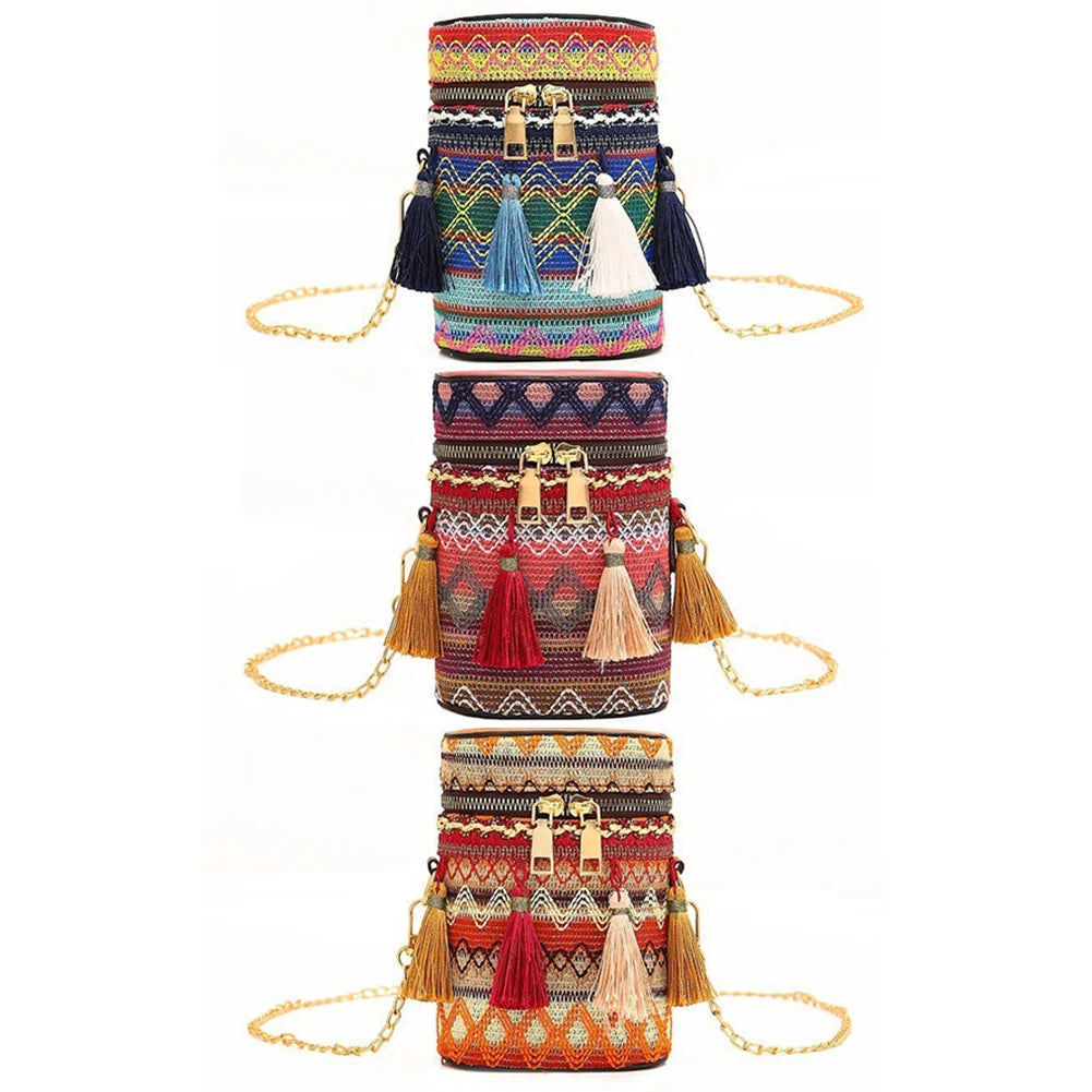 Ethnic Style Woven Bucket Shoulder Bag with Tassel Chain