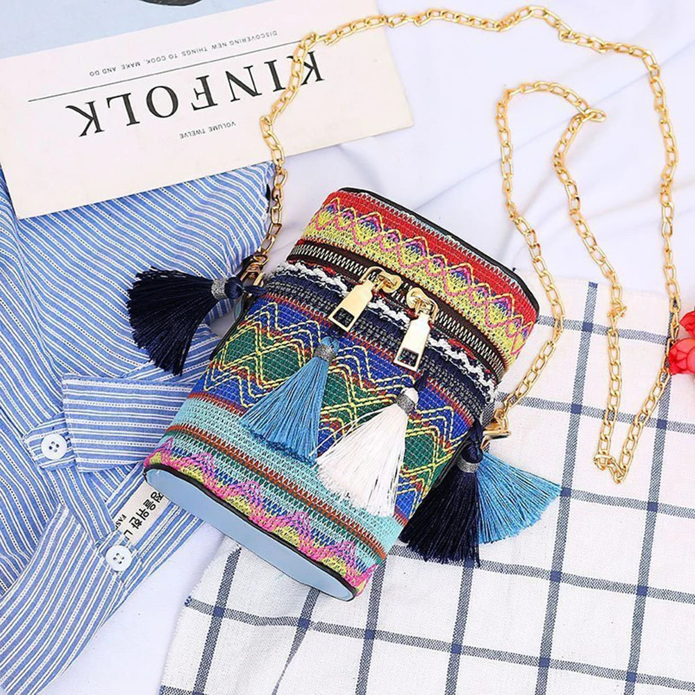 Ethnic Style Woven Bucket Shoulder Bag with Tassel Chain