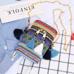 Ethnic Style Woven Bucket Shoulder Bag with Tassel Chain