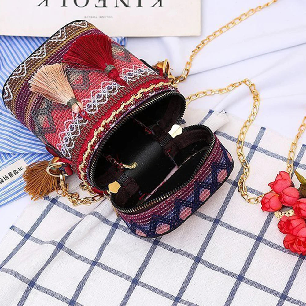 Ethnic Style Woven Bucket Shoulder Bag with Tassel Chain
