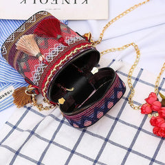 Ethnic Style Woven Bucket Shoulder Bag with Tassel Chain
