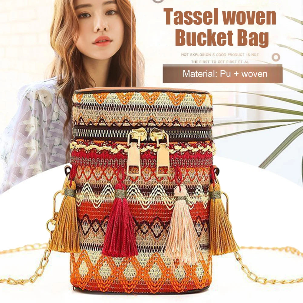 Ethnic Style Woven Bucket Shoulder Bag with Tassel Chain
