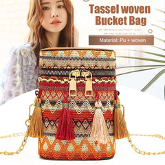 Ethnic Style Woven Bucket Shoulder Bag with Tassel Chain