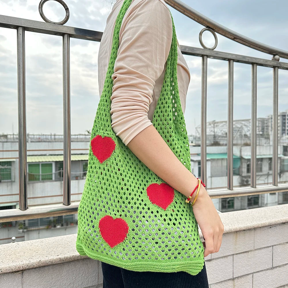 Large Capacity Woven Shoulder Bag Eco-Friendly Reusable Foldable for Women Girls