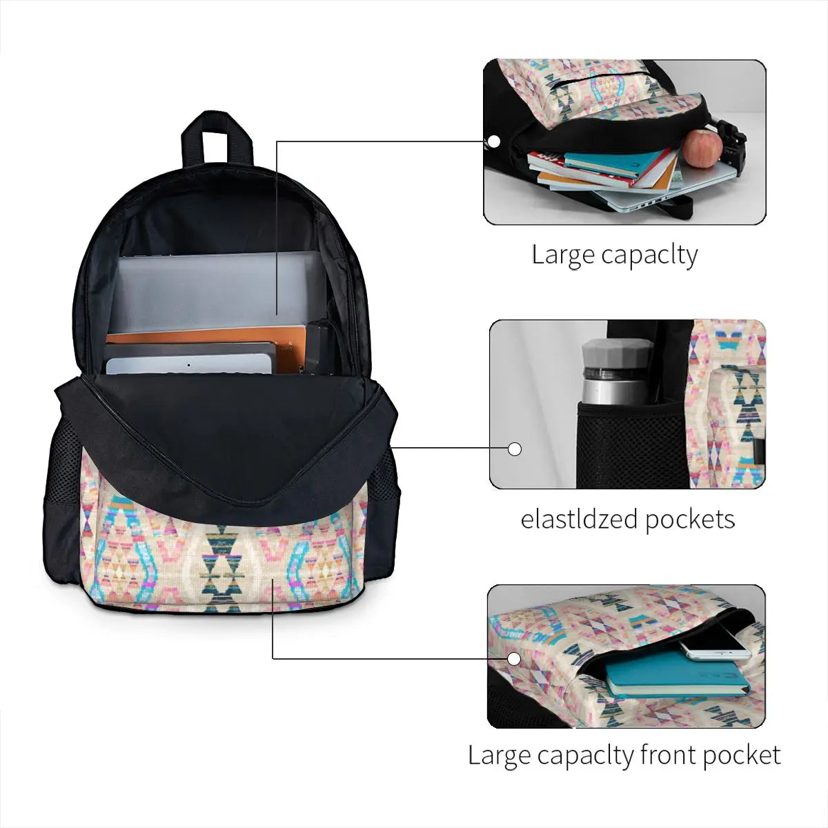 Pastel Kilim Pattern Backpacks Men Women Harajuku Zip Pockets