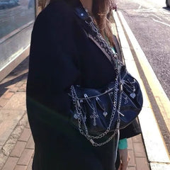 Xiuya Harajuku Goth Bag Metal Punk Style Pleated Hobos Shoulder Chain Handbag