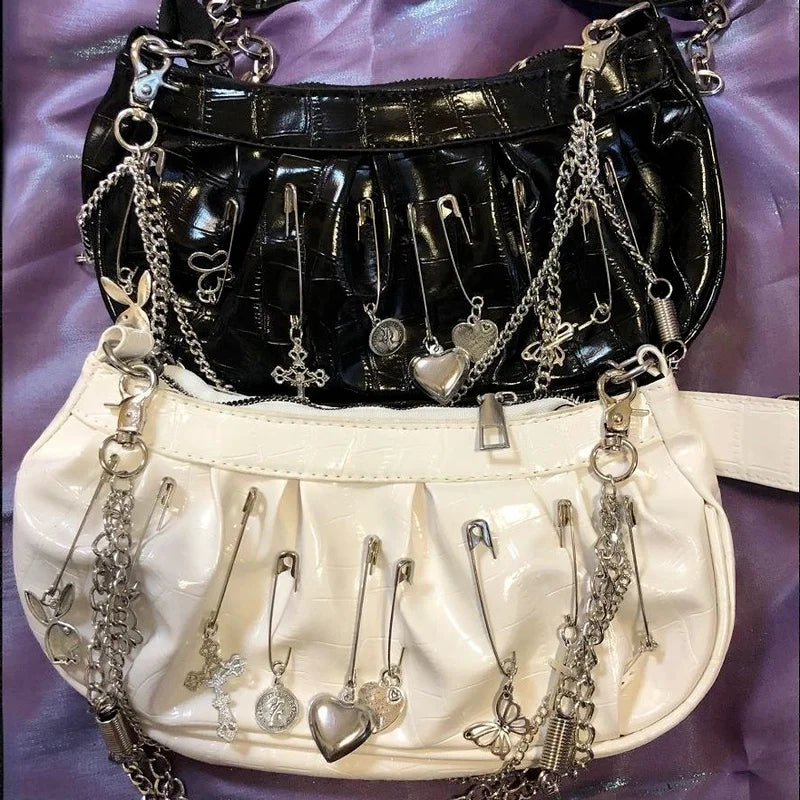 Xiuya Harajuku Goth Bag Metal Punk Style Pleated Hobos Shoulder Chain Handbag