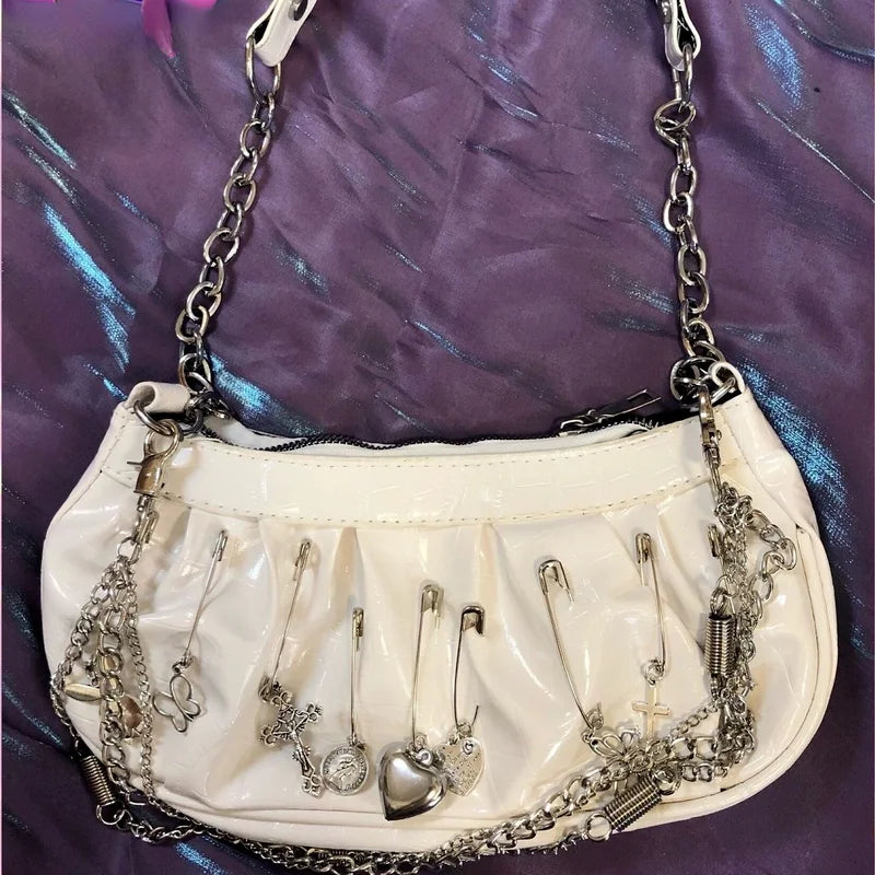 Xiuya Harajuku Goth Bag Metal Punk Style Pleated Hobos Shoulder Chain Handbag