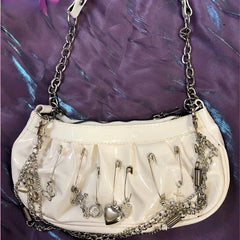 Xiuya Harajuku Goth Bag Metal Punk Style Pleated Hobos Shoulder Chain Handbag