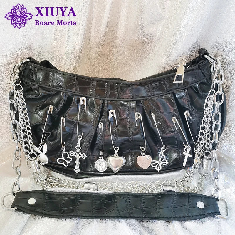 Xiuya Harajuku Goth Bag Metal Punk Style Pleated Hobos Shoulder Chain Handbag
