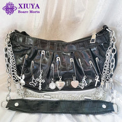Xiuya Harajuku Goth Bag Metal Punk Style Pleated Hobos Shoulder Chain Handbag