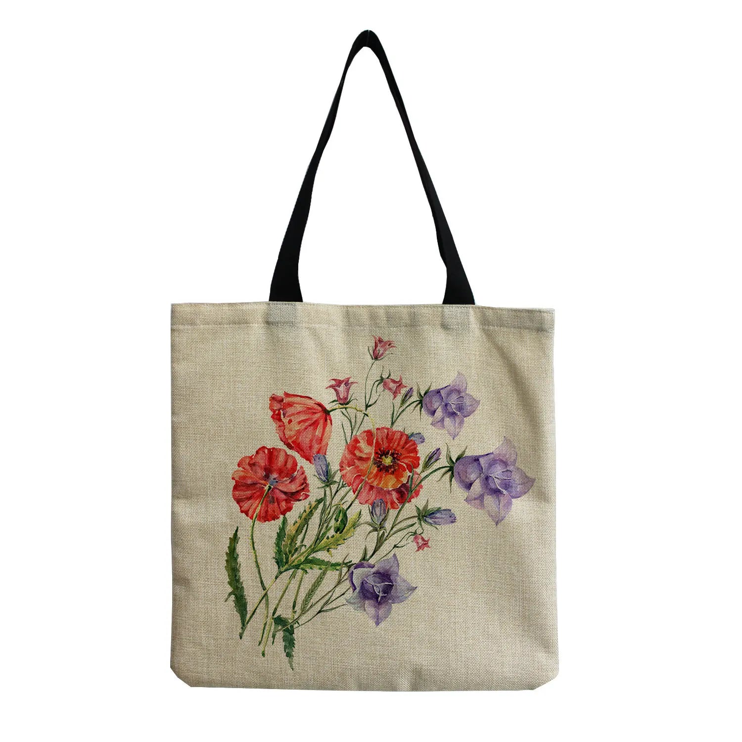 Flower Printed Beach Shoulder Bag Linen Fabric Casual Tote Shopping Bag