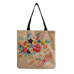 Flower Printed Beach Shoulder Bag Linen Fabric Casual Tote Shopping Bag